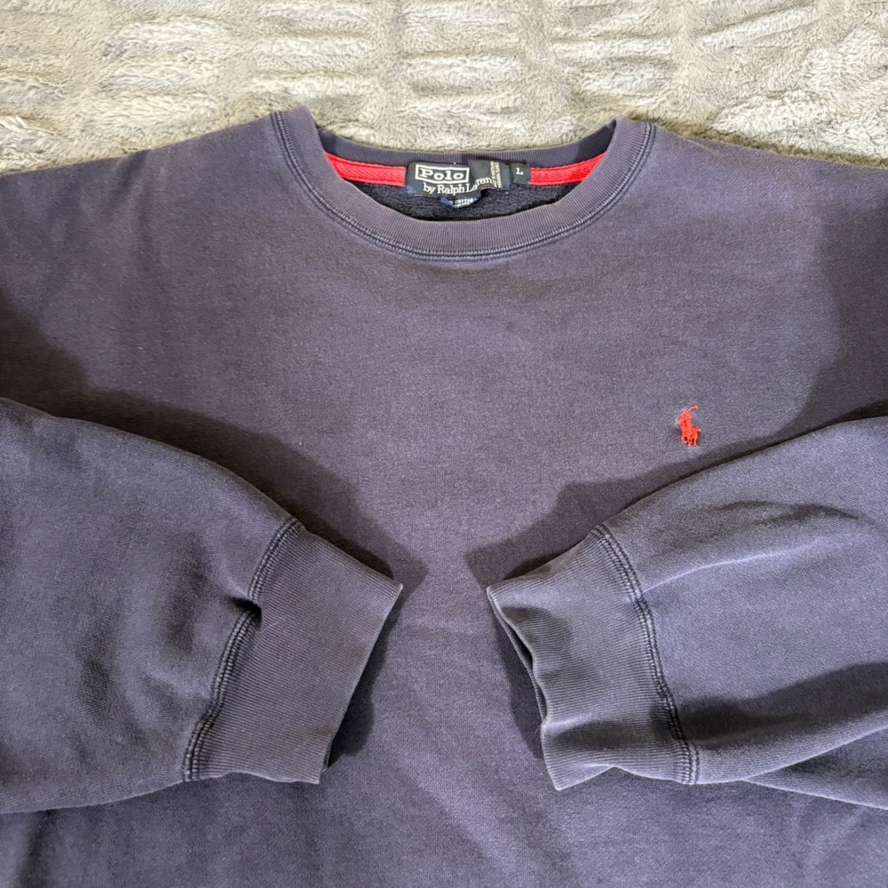Polo Ralph Lauren Mens Large Navy Blue Red Pony Crewneck Sweatshirt Faded AR871